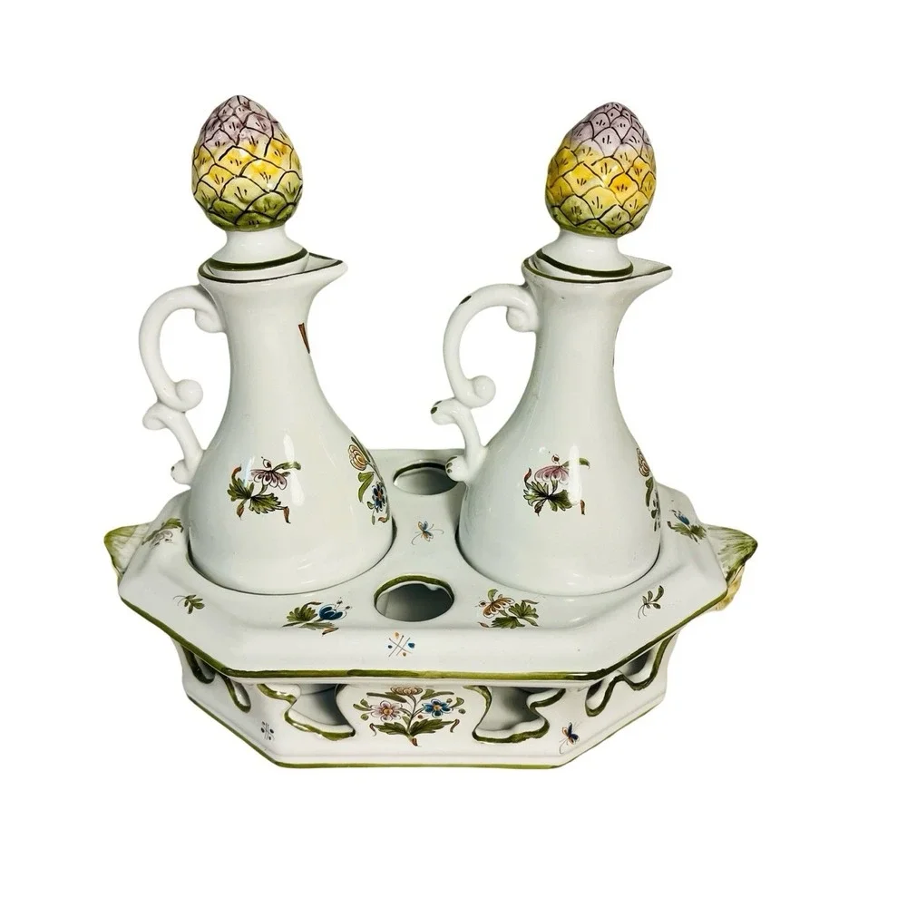 Fontaine Moustiers Du Faiencier Feret Oil Vinegar Set Cruet Caddy Mulsum France